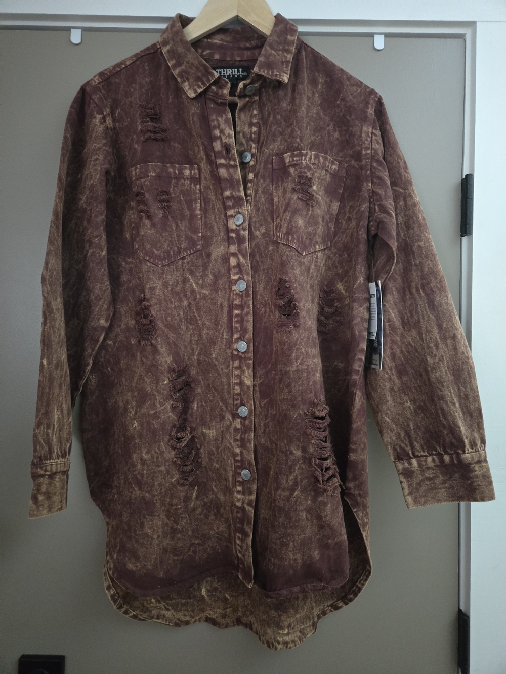 Thrill Jeans NWT XL Brown Acid Wash Distressed Longline Denim Shacket